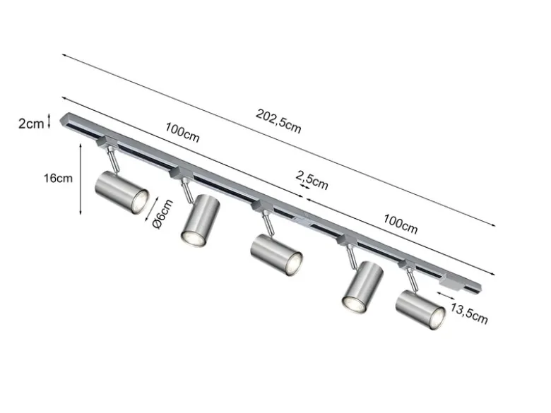Lichtschienensystem mit 5 Spots Silber & Einspeisung 3-adrig, Länge 202,5cm