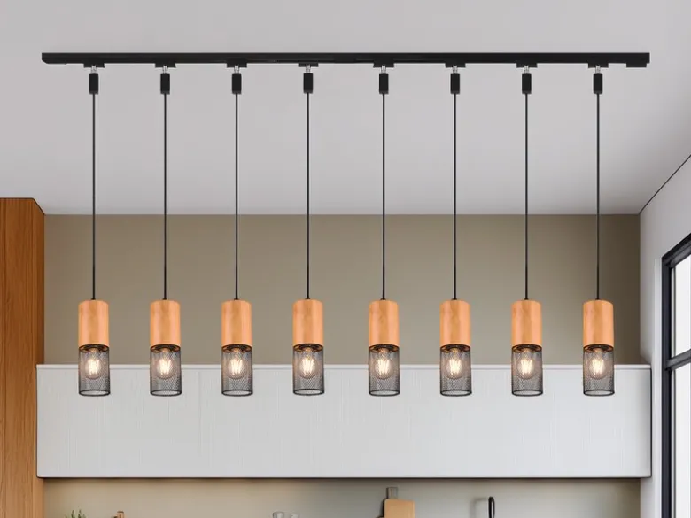 Lichtschienensystem mit 8x Holz Pendel & Einspeisung 3-adrig, Länge 202,5cm