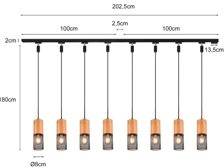 Lichtschienensystem mit 8x Holz Pendel & Einspeisung 3-adrig, Länge 202,5cm