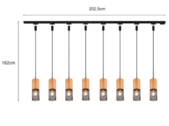 Lichtschienensystem mit 8x Holz Pendel & Einspeisung 3-adrig, Länge 202,5cm