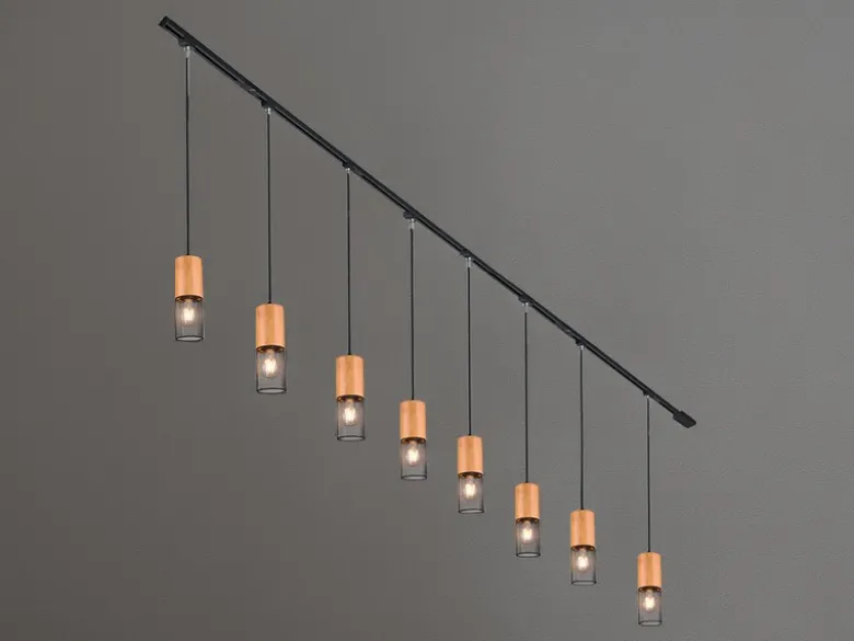 Lichtschienensystem mit 8x Holz Pendel & Einspeisung 3-adrig, Länge 202,5cm