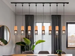 Lichtschienensystem mit 8x Holz Pendel & Einspeisung 3-adrig, Länge 202,5cm