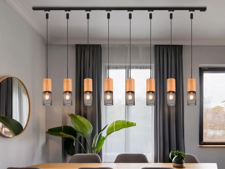 Lichtschienensystem mit 8x Holz Pendel & Einspeisung 3-adrig, Länge 202,5cm