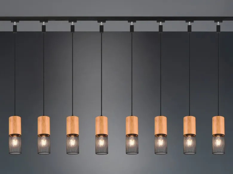 Lichtschienensystem mit 8x Holz Pendel & Einspeisung 4-adrig, Länge 202,5cm