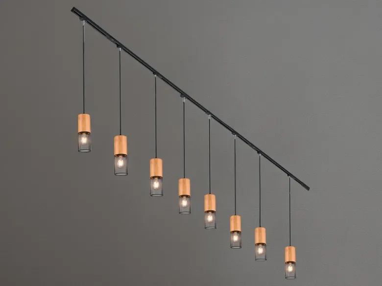 Lichtschienensystem mit 8x Holz Pendel & Einspeisung 4-adrig, Länge 202,5cm