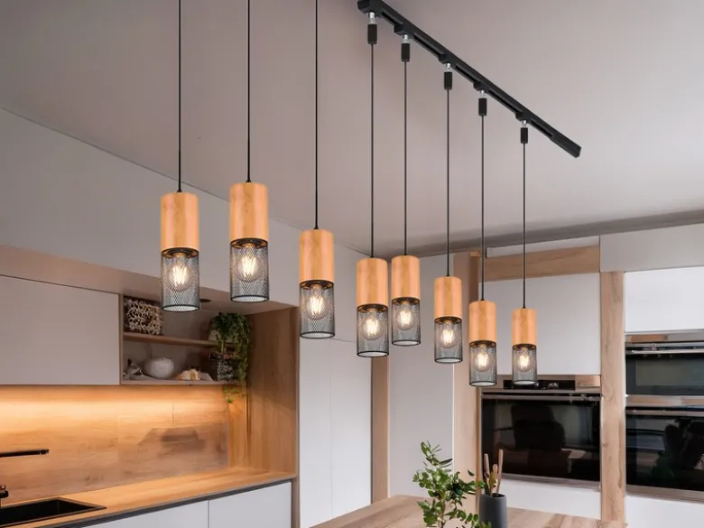 Lichtschienensystem mit 8x Holz Pendel & Einspeisung 4-adrig, Länge 202,5cm