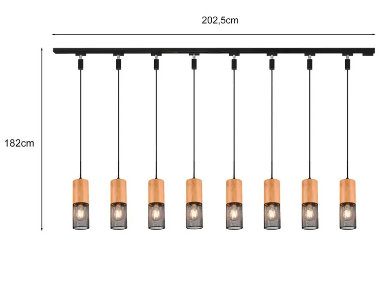 Lichtschienensystem mit 8x Holz Pendel & Einspeisung 4-adrig, Länge 202,5cm