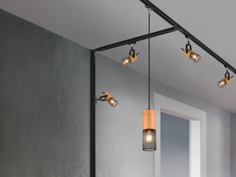 Lichtschienensystem mit 8x Holz Pendel & Einspeisung 4-adrig, Länge 202,5cm