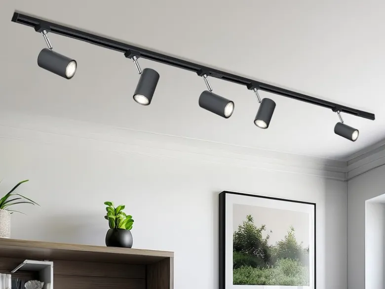 Lichtschienensystem Schwarz mit 5 Spots & Einspeisung 4-adrig, Länge 202,5cm