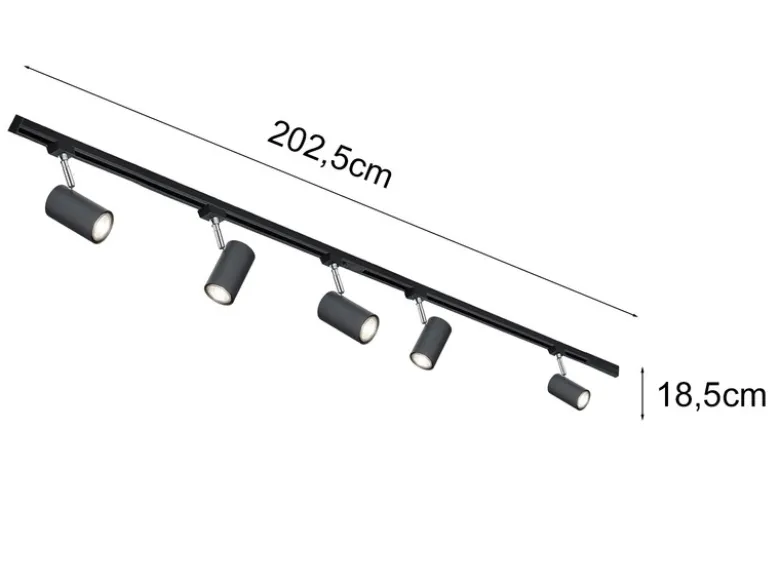 Lichtschienensystem Schwarz mit 5 Spots & Einspeisung 4-adrig, Länge 202,5cm