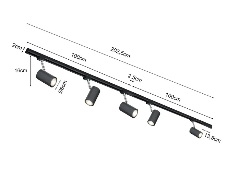 Lichtschienensystem Schwarz mit 5 Spots & Einspeisung 4-adrig, Länge 202,5cm