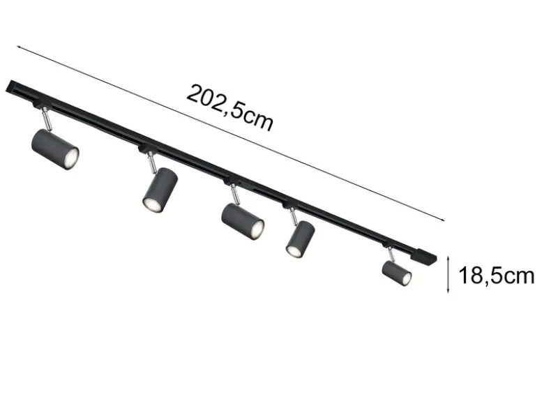 Lichtschienensystem Schwarz mit 5 Spots & Einspeisung 3-adrig, Länge 202,5cm