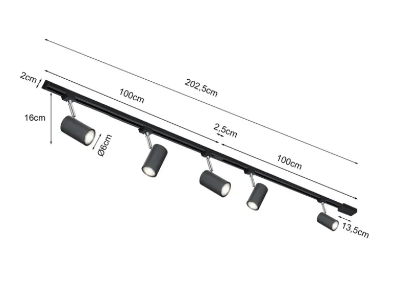 Lichtschienensystem Schwarz mit 5 Spots & Einspeisung 3-adrig, Länge 202,5cm