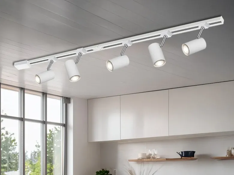 Lichtschienensystem Weiß mit 5 Spots & Einspeisung 3-adrig, Länge 202,5cm