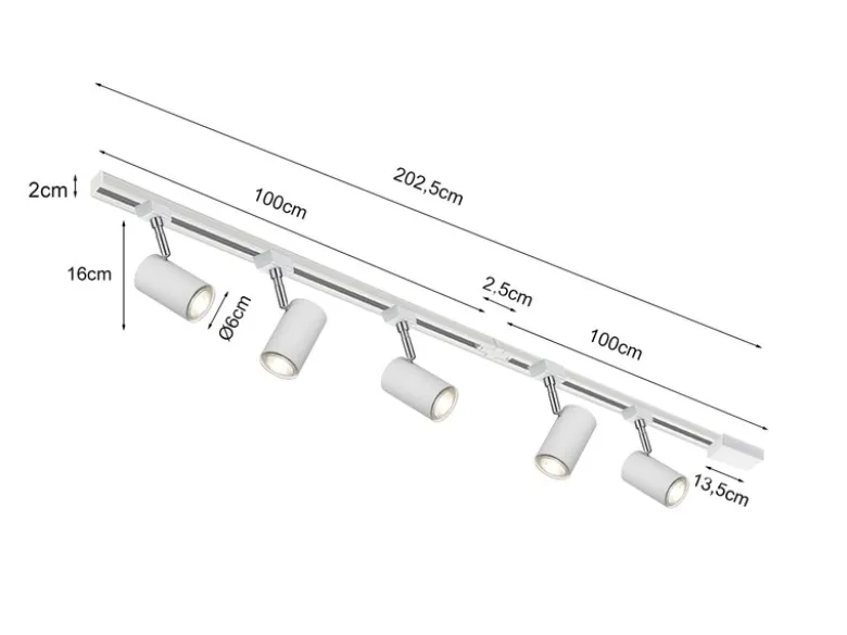 Lichtschienensystem Weiß mit 5 Spots & Einspeisung 3-adrig, Länge 202,5cm
