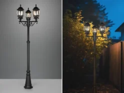 Mastleuchte ELVO Laterne 3-flammig Aluminium Schwarz, Höhe 240cm