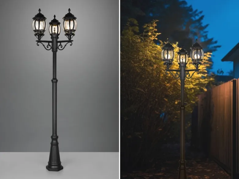 Mastleuchte ELVO Laterne 3-flammig Aluminium Schwarz, Höhe 240cm