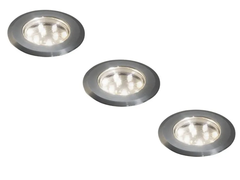Mini LED Bodeneinbauspots Edelstahl/Glas Basisset 3er SET mit Trafo Ø7cm IP44