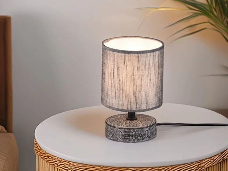 Moderne Keramik Tischleuchte MARIE Stofflampenschirm in Grau, Höhe 20cm