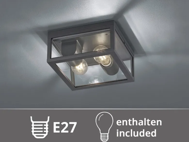 Moderne LED Außendeckenleuchte in Anthrazit mit Glas, 24x24cm