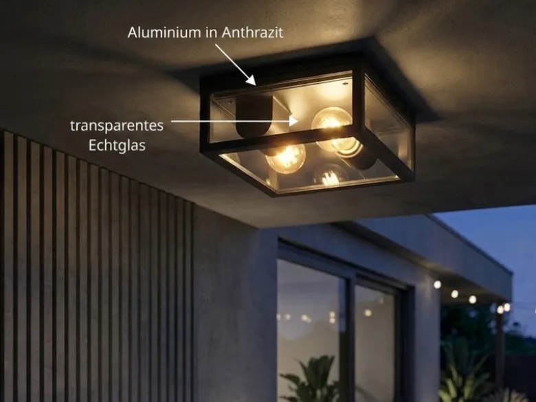 Moderne LED Außendeckenleuchte in Anthrazit mit Glas, 24x24cm