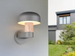 Moderne LED Außenwandleuchte in Anthrazit & Holzoptik, Höhe 24cm