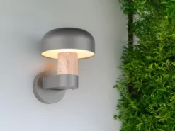 Moderne LED Außenwandleuchte in Anthrazit & Holzoptik, Höhe 24cm