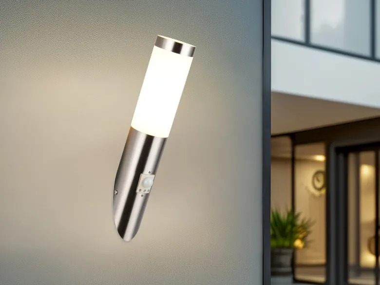 Moderne LED Außenwandleuchte mit Bewegungsmelder Silber, Höhe 39cm