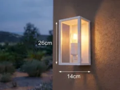 Moderne LED Außenwandleuchte in Weiß mit Glas, Höhe 26cm