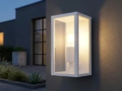 Moderne LED Außenwandleuchte in Weiß mit Glas, Höhe 26cm