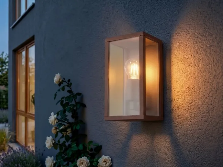 Moderne LED Außenwandleuchte in Rostoptik mit Glas, Höhe 26cm