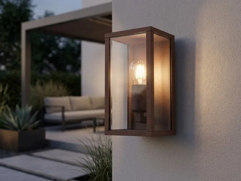 Moderne LED Außenwandleuchte in Rostoptik mit Glas, Höhe 26cm