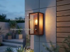 Moderne LED Außenwandleuchte in Rostoptik mit Glas, Höhe 26cm