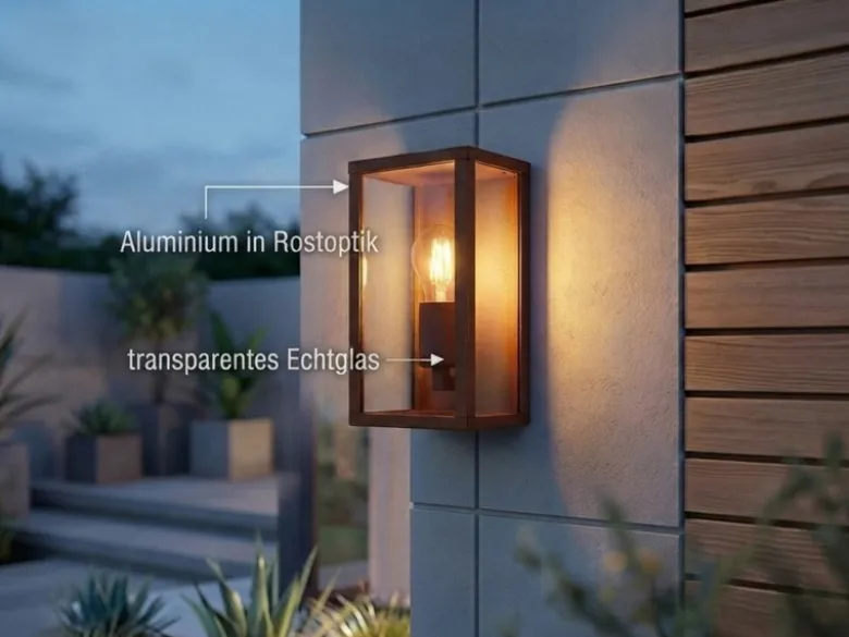 Moderne LED Außenwandleuchte in Rostoptik mit Glas, Höhe 26cm