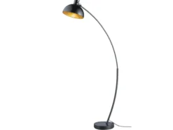 Moderne LED Bogenleuchte in Schwarz Schirm innen Gold, 155cm hoch 75cm Ausladung