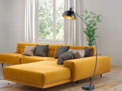Moderne LED Bogenleuchte in Schwarz Schirm innen Gold, 155cm hoch 75cm Ausladung