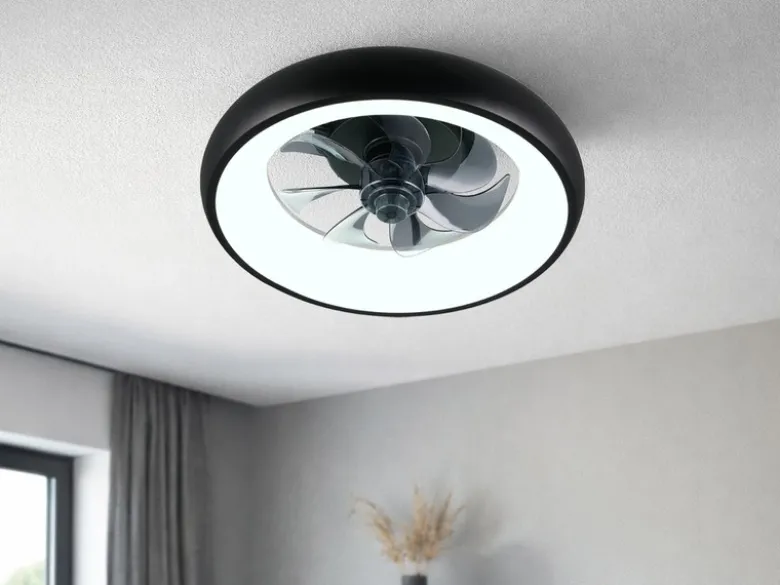 Moderne LED Deckenleuchte MUONIO Schwarz mit Ventilator und Fernbedienung Ø 40cm