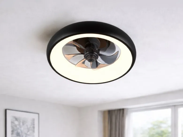 Moderne LED Deckenleuchte MUONIO Schwarz mit Ventilator und Fernbedienung Ø 40cm