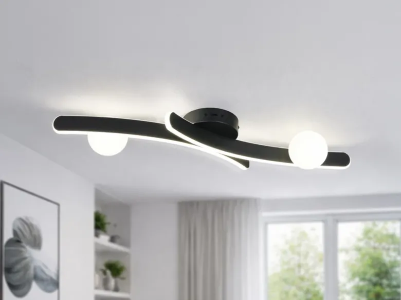 Moderne LED Deckenleuchte NAPOLI Schwarz, dimmbar mit 2 Glaskugeln, Breite 70cm