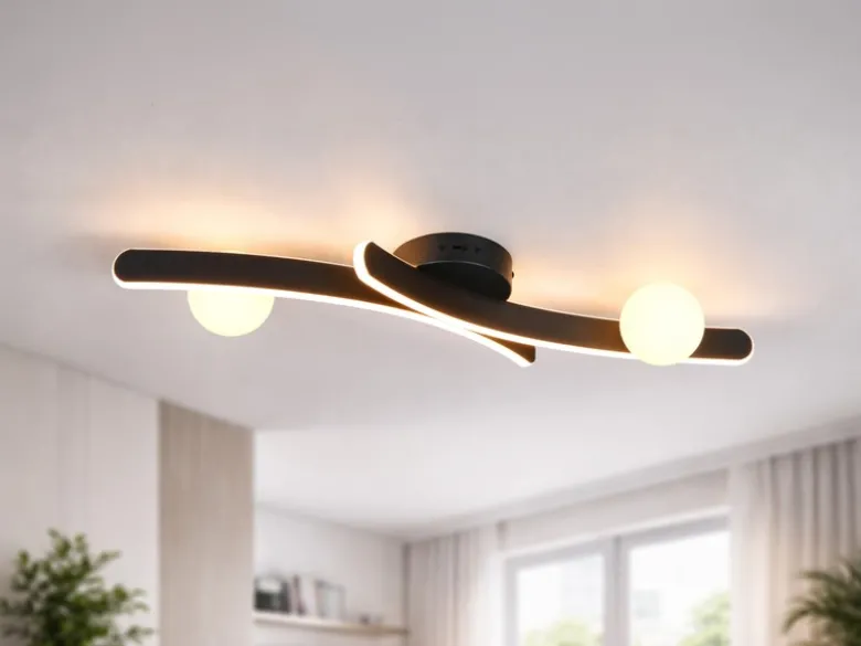 Moderne LED Deckenleuchte NAPOLI Schwarz, dimmbar mit 2 Glaskugeln, Breite 70cm