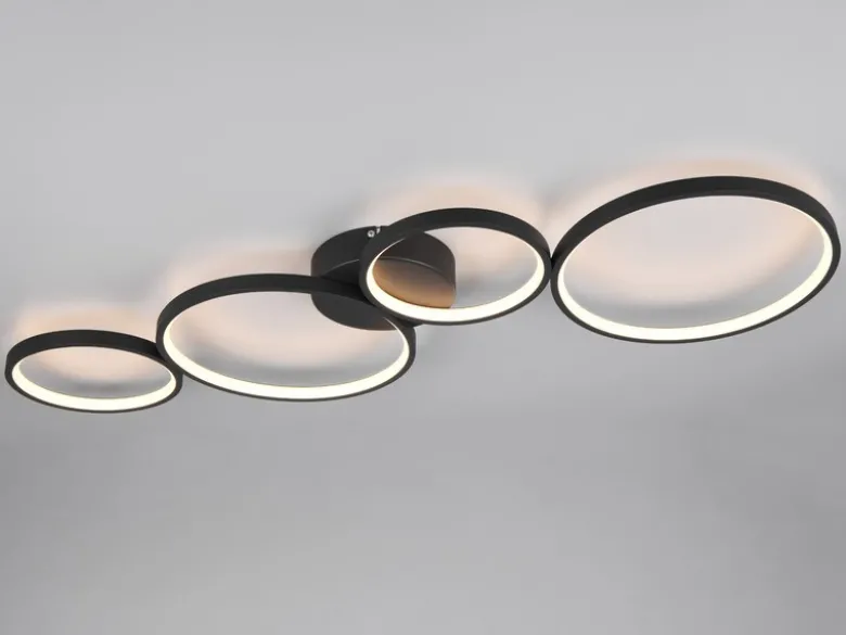Moderne LED Deckenleuchte RONDO dimmbar & flach Ringe Schwarz, Breite 97cm