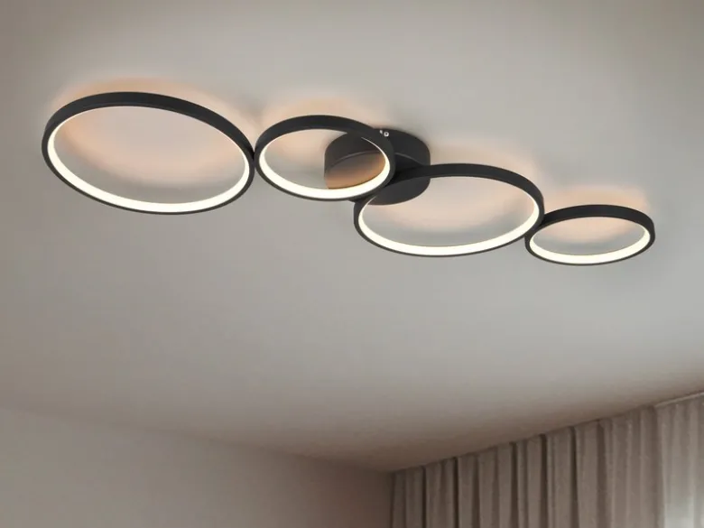 Moderne LED Deckenleuchte RONDO dimmbar & flach Ringe Schwarz, Breite 97cm