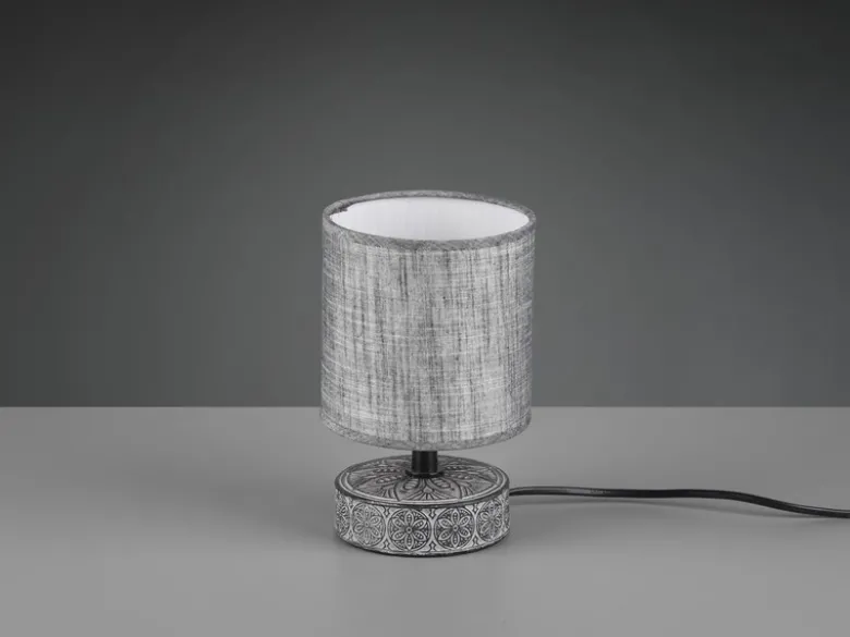 Moderne LED Keramik Tischleuchte Stofflampenschirm in Grau, Höhe 20cm