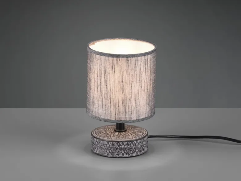 Moderne LED Keramik Tischleuchte Stofflampenschirm in Grau, Höhe 20cm