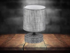 Moderne LED Keramik Tischleuchte Stofflampenschirm in Grau, Höhe 20cm