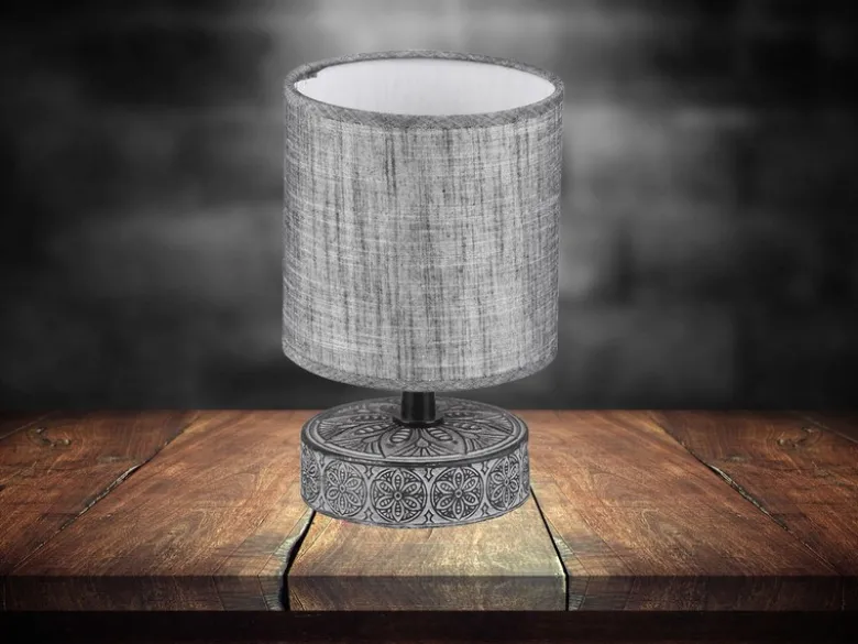 Moderne LED Keramik Tischleuchte Stofflampenschirm in Grau, Höhe 20cm