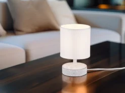 Moderne LED Keramik Tischleuchte Stofflampenschirm in Weiß, Höhe 20cm