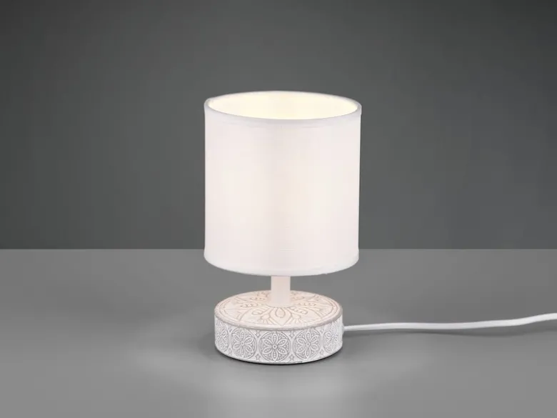 Moderne LED Keramik Tischleuchte Stofflampenschirm in Weiß, Höhe 20cm