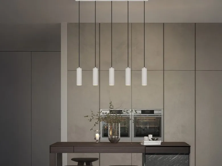 Moderne LED Pendelleuchte 5-flammig aus Metall Hellgrau, Breite 85cm
