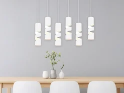 Moderne LED Pendelleuchte 6-flammig aus Metall in Weiß, B:100cm